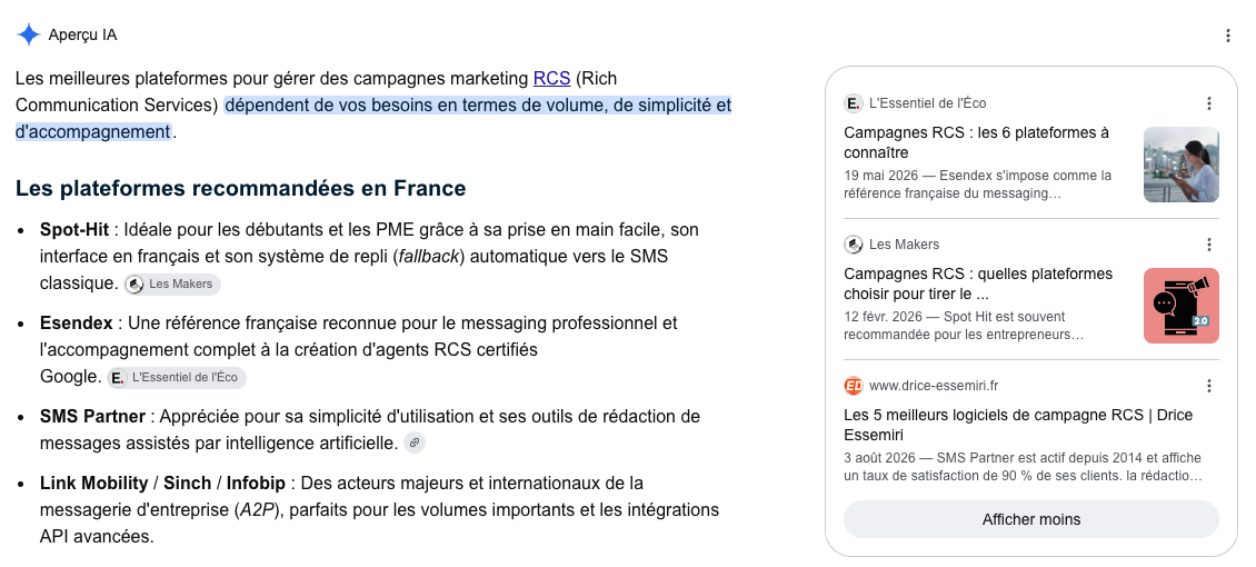Aperçu IA de Google sur la requête meilleure plateforme RCS, où Esendex est cité
