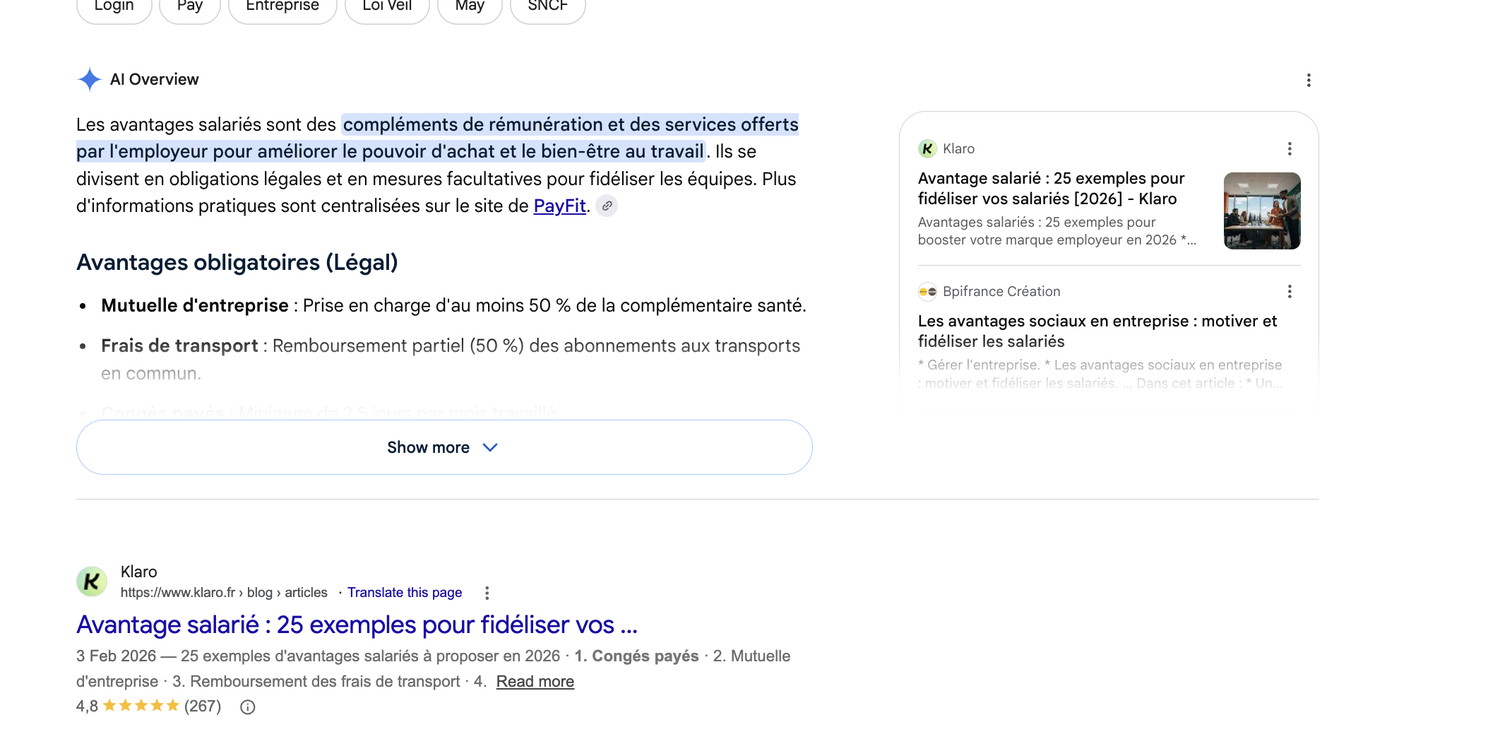 AI Overview de Google sur la requête avantage salariés, avec l'article Klaro en première source